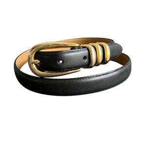 Vintage Black Leather Belt Gold Tone Buckle Skinny Thin Womens Large / XL
